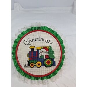 Vintage Handmade Christmas Santa Train Cross Stitch Hoop Ornament Lace Trim 5in